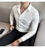 Aidase Men's Solid Color Long-Sleeved Shirt Fashionable Elegant Double-Breasted Ball Nightclub Tops Striped Lapel Shirt aidase-shop