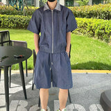 AIDASE  -  Trendy Summer Men's Denim Sets Short Sleeve Lapel Zipper Shirt Loose Casual Shorts Versatile Male Two-Piece Tide 21E6466 aidase-shop