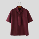 AIDASE  -  Men Shirt Solid Color Lapel Short Sleeve Button Men Clothing With Tie Streetwear Loose Korean Style Fashion Casual Tops aidase-shop