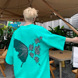 AIDASE  -  American Retro Butterfly Flower Printed T-shirt Loose Casual Round Neck Short Sleeve Couple Dress Half Sleeve Tops aidase-shop