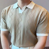 AIDASE  -  Images Simple Striped Ice Silk Elastic Jacquard Turn-down Collar Short Sleeved T-shirt 2025 Contrast Color Male Tops aidase-shop