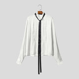 AIDASE  -  Men Shirt Lace Patchwork Long Sleeve Stand Collar Men Clothing Tops With Belt Streetwear Fashion Casual Male Shirts aidase-shop