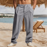 AIDASE  -  Vintage Loose Straight Linen Pants Men Daily Casual Linen Breathable Trousers 2025 Spring Summer Stylish Mens Striped Trousers aidase-shop