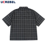 Aidase Letter Embroidery Loose Safari Short Sleeve Shirt Mens Summer Streetwear Lapel Casual Plaid Shirt Men