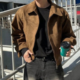Elegant Solid Brown Coat Men's Spring Autumn High-end Loose Lapel Plush Top Winter New Zipper Short Jacket Vintage Streetwear aidase-shop