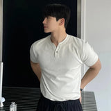 AIDASE  -  New Men Luxury Henry Collar T-Shirt Leisure Slim Button-down Solid Color Short Sleeve Tops Korean Style Summer Breathable Tees