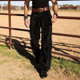 AIDASE  -  Men's Western Fringe Bell Bottom Pants Regular Fit High Waist Jeans Sweatpants Retro Cowboy Trousers Casual aidase-shop