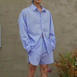 AIDASE  -  Korean Style Fashion Striped Sets Men's Long Sleeved Shirt Shorts Casual Streetwear Male Loose Two-piece Sets S-5XL aidase-shop