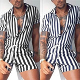 AIDASE  -  Men's Striped Rompers Streetwear Fashion Casual Playsuits Short Sleeve Button Lapel Jumpsuits Drawstring Boxers Shorts Bodysuits aidase-shop