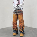 AIDASE  -  American High Street Trendy Brand 3D Digital Printing Multi-Waist Fake Hole Yellow Jeans Men Loose Straight Casual Pants aidase-shop