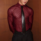 AIDASE  -  Men Shirt Polka Dot Printing Lapel Long Sleeve Button Men Clothing Mesh See Through Loose Fashion Male Shirts Streetwear
