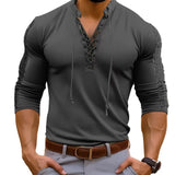 AIDASE  -  Spring Autumn Men T-Shirts Mesh Patchwork Long Sleeve Top Tees Solid Lace Up V-Neck Casual Bottom Blouse Men Tees Tops aidase-shop