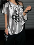 AIDASE  -  Summer Glossy Silver Snake Women Short Sleeve Vintage T shirt Plus Size Loose Top Shirt