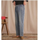 AIDASE  -  Vintage Cotton Men Jeans Suit Pants Elastic High Waisted Straight Trousers British Business Style  Casual Naples Denim Pant aidase-shop