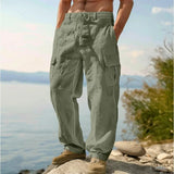 AIDASE  -  Men's Cotton Linen Cargo Pants Elastic Waist Drawstring Multi-Pocket Loose Wide Leg Casual Summer Trousers For Hiking Travel aidase-shop