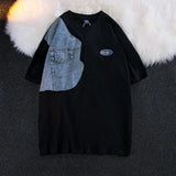 Aidase Vintage Personalized Design Denim Patchwork Short Sleeved T-shirt for Men and Women Fashion Couples Loose Casual Hip-hop Top aidase-shop