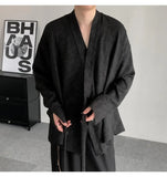 AIDASE  -  Men's Shirt Spring New Jacquard Long Sleeved Design Added Lace Up 2025 V-neck Solid Color  Luxury Male Tops aidase-shop