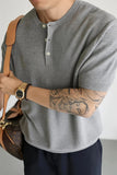 AIDASE  -  Men's Short Sleeve Henry Shirt Textured Knit Muscle Fit T-Shirt Summer Casual Button Up Tops For Men New Arrival Tees M-3XL aidase-shop