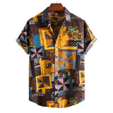 AIDASE  -  Roll-Up Sleeves Men'S Shirt With Pocket Casual Men'S Loose Lapel Print Color Contrast Ethnic Short Sleeve Roupas Masculinas aidase-shop