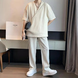 AIDASE  -  Korean Style Fashion Ice Silk Sports Suit Men's Large Size V-neck Short-sleeved T-shirt Trousers British Handsome Two-piece Set aidase-shop