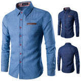 AIDASE  -  Spring and Autumn Men's Casual Shirt Pocket Leather Slim-fit Long Sleeve Denim Shirt aidase-shop