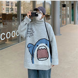 AIDASE  -  Winter Men Turtlenecks Shark Sweater Men Patchwor Harajuku Korean Style High Neck Oversized Grey Turtleneck Pullover Men aidase-shop