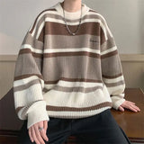 Aidase  Striped Sweater Men's Japanese Loose Retro Student Contrasting Base Shirt Round Neck Knit Jacket Men's Handsome