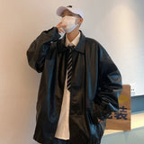 Aidase Handsome Pu Leather Jacket Men's Trend High Street Spring Autumn Black Loose All-Match Teen Solid Lapel Leather Coat Men Top aidase-shop