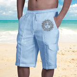 Aidase Vintage Men Linen Shorts Multi Pocket Drawstring Cargo Knee Length Pants Summer Fashion Casual Loose Beach Short Trousers Male