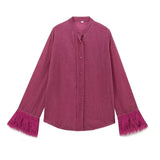 AIDASE  -  Women's Fashionable French Light Maturity Style Holiday Cover up Shirt with Ostrich Feather Splicing Regular Sleeve round Neck aidase-shop