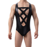 AIDASE  -  Mens PU Leather Bodysuits Sleeveless Leotard Front Hollow Out Rompers Faux Leather Jumpsuit Wrestling Singlet Nightclub Bodysuit aidase-shop