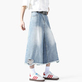 AIDASE  -  Summer New Fashion Men's Jorts Hole Worn-out Design Rough Selvedge Denim Pants Over Knee Length Male Bottoms aidase-shop