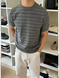 AIDASE  -  Men Crew Neck Striped Knit Short Sleeve T Shirt Loose Old Money Style Breathable Casual Summer Basic Top aidase-shop