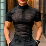 AIDASE  -  Men T Shirts Mesh Patchwork Transparent Turtleneck Short Sleeve Casual Camisetas Streetwear 2025 Fashion Sexy Tee Tops aidase-shop