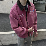 AIDASE  -  Spring Autumn American Retro Jacket Heavyweight Embroidered Letter Wash Coat Men Women Loose Versatile Flip Collar Zipper Jacket aidase-shop