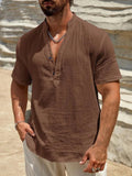 AIDASE  -  Men's Linen Blend Henley Shirt Short Sleeve V Neck Casual Summer Beach Top aidase-shop