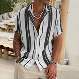 Aidase New Men's Slub Cotton Shirt Stripe Short Sleeve Collar Cardigan Summer Fashion Loose Oversize Shirts Top Streetwear Male