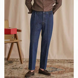 AIDASE  -  Vintage Cotton Men Jeans Suit Pants Elastic High Waisted Straight Trousers British Business Style  Casual Naples Denim Pant aidase-shop