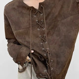 Aidase Vintage Heavy Weight PU Leather Jacket For Men Spring And Autumn Double Breasted Drawstring Long Sleeve Tops Outdoor Loose Coat