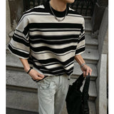 AIDASE  -  Men Black White Stripe Tshirt Man Loose Fit O Neck Casual Streetwear Fashion Soft Cotton Relaxed Summer Tee Shirt Striped Top