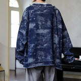AIDASE  -  Trendy Men Denim Jacket American Style Fashion Full Print Jacquard Design Raw Edge Long Sleeve Round Neck Coats 21E7627 aidase-shop
