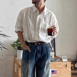 AIDASE  -  Vintage Men's Striped Textured Shirt Spring Fall New Casual Breathable Long Sleeve Shirts Mens Fashion Turn-down Collar Shirts aidase-shop