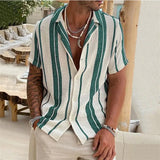 Aidase New Men's Slub Cotton Shirt Stripe Short Sleeve Collar Cardigan Summer Fashion Loose Oversize Shirts Top Streetwear Male