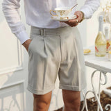 AIDASE  -  Summer Vintage High Waist Belt Shorts Mens Trendy Pleated Solid Color Slim Fit Straight Short Pant Men Casual Suit Shorts Naples