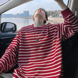 AIDASE  -  Loose Casual Long Sve round Ne T-irt for Teens Autumn New Stripe Couple Base irt Trendy Breathable Polyester Fiber aidase-shop
