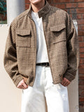 AIDASE  -  Vintage Houndstooth Print Jacket Coat Mens Fall Winter Outdoor Casual Jackets Men's Stylish Zip-up Stand Collar Coats Outerwear aidase-shop