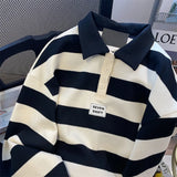 Aidase Vintage Contrast Striped Lapel Shirt Men Women Spring Autumn Hong Kong Style Loose Letter Patch Design Sweatshirt aidase-shop