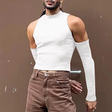 Aidase Sexy Off Shoulder T shirts For Men High Neck Long Sleeve Tight Turtleneck Tops Summer Casual Slim Hollow Out Crop Tee Streetwear