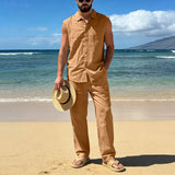 AIDASE  -  Suit Suits For Men Men'S Loose Fitting Beach Linen Casual Sleeveless Shirt And Straight Leg Trousers Suit Homecoming Men Attire aidase-shop