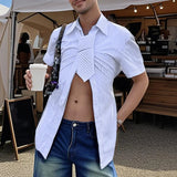 AIDASE  -  Men Striped Shirt Lapel Short Sleeve Tie Up Casual Men Clothing Summer Shirts Streetwear 2025 Fashion Male Tops S-5XL